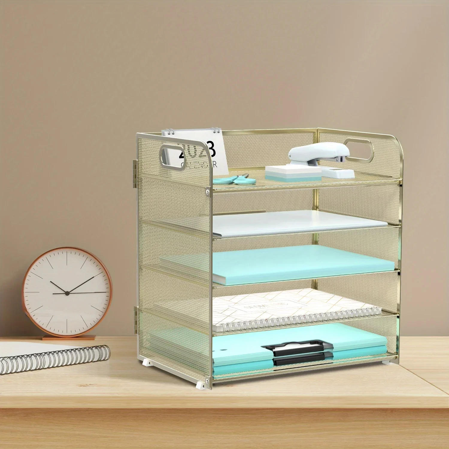 5 Tier Paper Organizer, Mesh Desktop Paper Alphabet Tray Organizer with Handles, Paper Sorter
