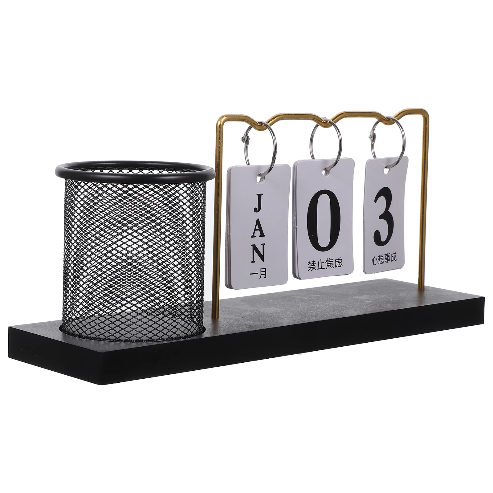 

Desk Wooden Calendar Pen Holder Date Blocks for Makeup Brush Cute Golden Black Flip Man