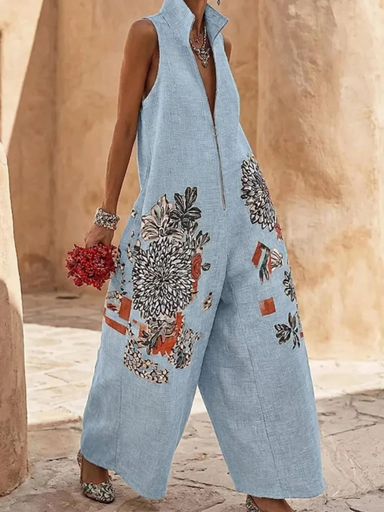2026 Spring Stand Collar Zipper Playsuit Retro Floral Print Loose Women's Jumpsuit New Summer Sleeveless Wide Leg Pants Overalls