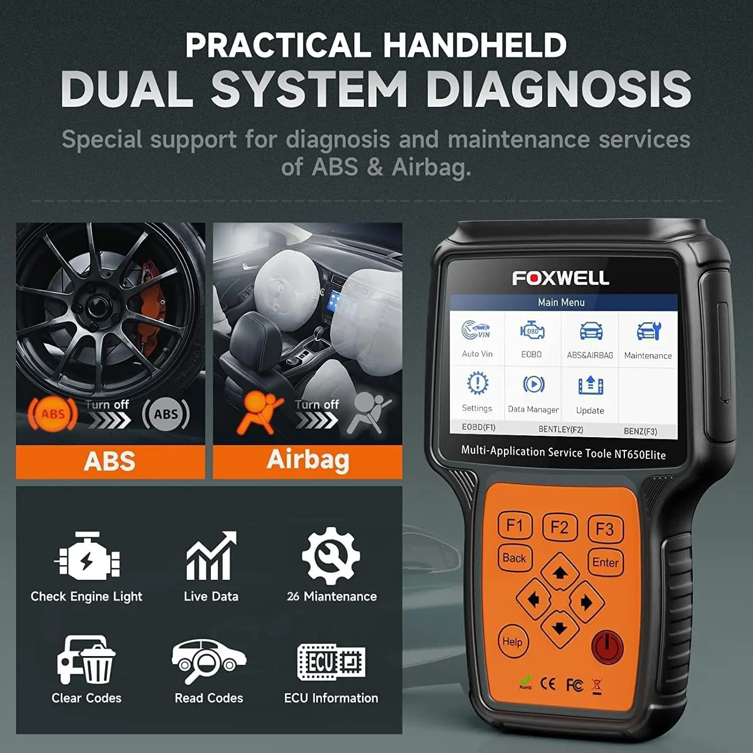 Foxwell NT650 Elite OBD2 Scanner Engine Code Reader ABS Airbag EPB Oil TPMS 26+ Reset OBD2 Diagnostic Tool Automotive Scanner