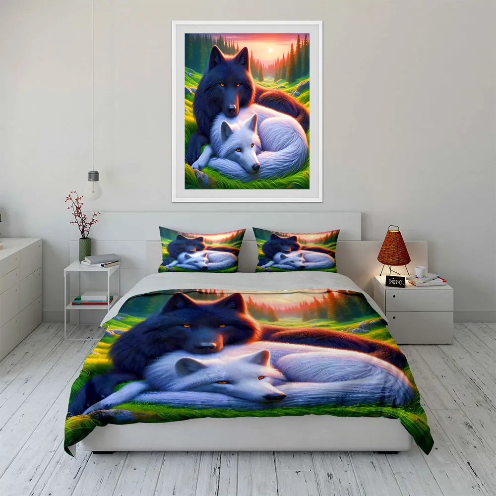 Black and white wolves cuddling at sunrise Print Soft Comfortable Duvet Cover Bedding Set Included 1*Duvet Cover 2*Pillowcases