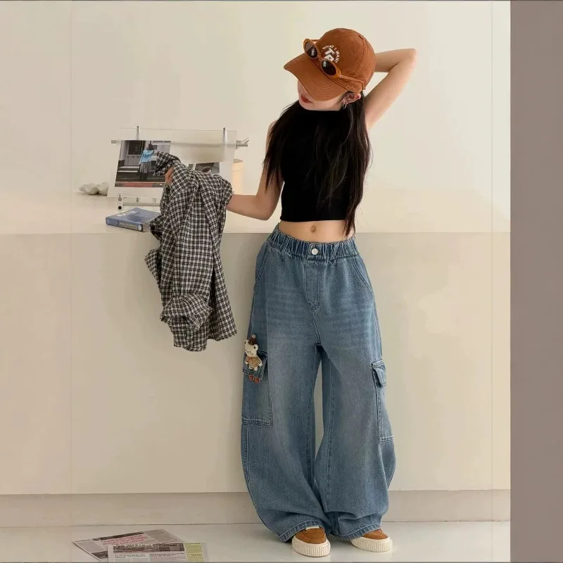 2026 UNITIM Herbst Kinder Mädchen Cargo-Hosen mit Puppendekor 4-14 Jahre Kinder Mädchen Jeans Lose Elastische Taille Junior Mädchen Weite Hosen – Detail 4