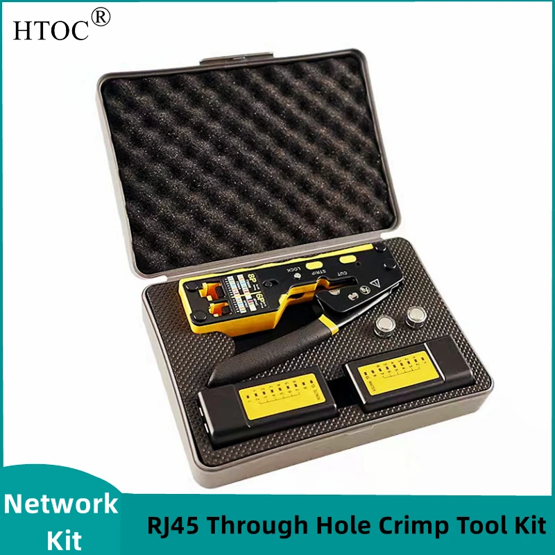 HTOC RJ45 Through Hole Crimp Tool Kit with 2 in 1 Tester for RJ11 RJ45 Cat6/Cat5 Cut Crimp All in One Tool