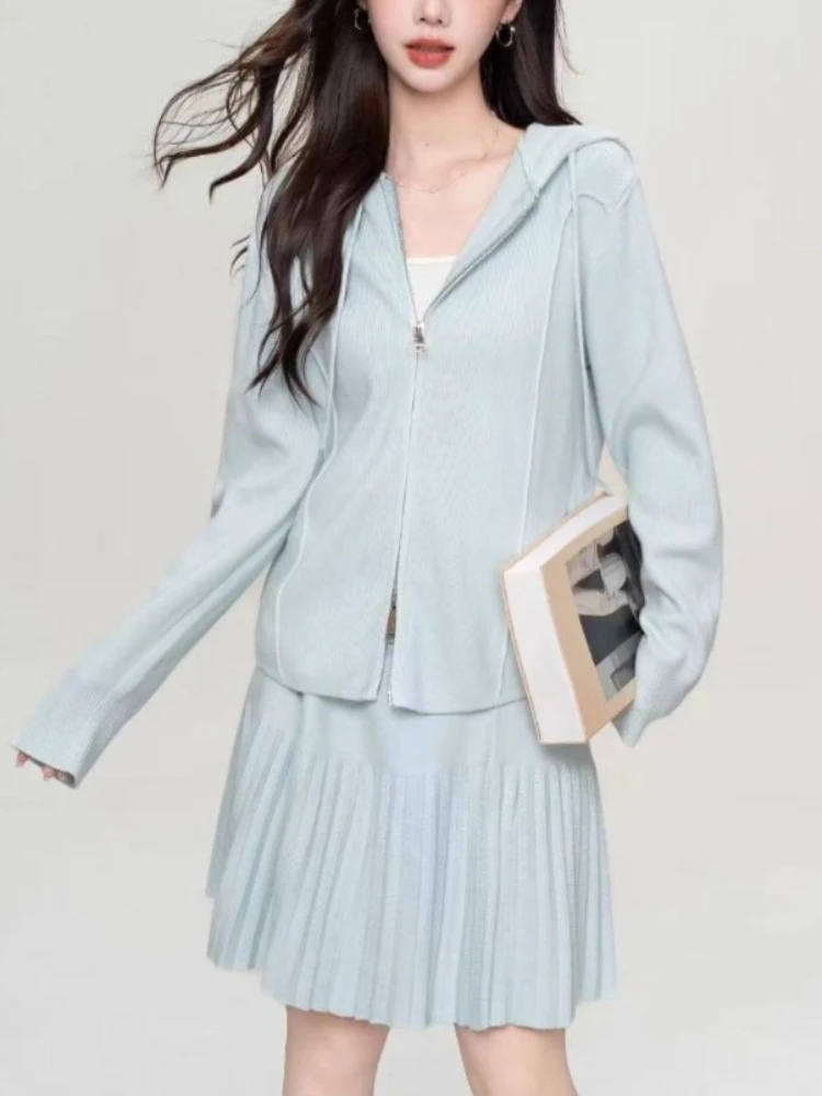 Set Rok Kardigan Berkerudung Ritsleting Kint Musim Gugur Musim Dingin Mantel Fashion Korea Elegan Set Dua Potong Pakaian Wanita Atasan Lengan Panjang