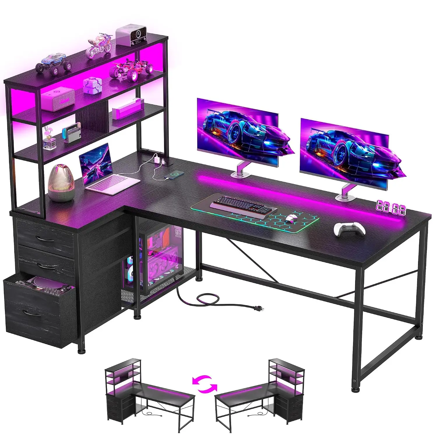L Shaped Gaming Desk With 3 Fabric Drawers & Shelves, 55 Inch, Customized