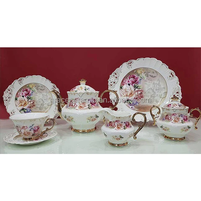 Wholesale Vintage Floral Rose Printed Design Fine Royal Embossed Classic Porcelain Tea Set Coffee Set With Gold Line