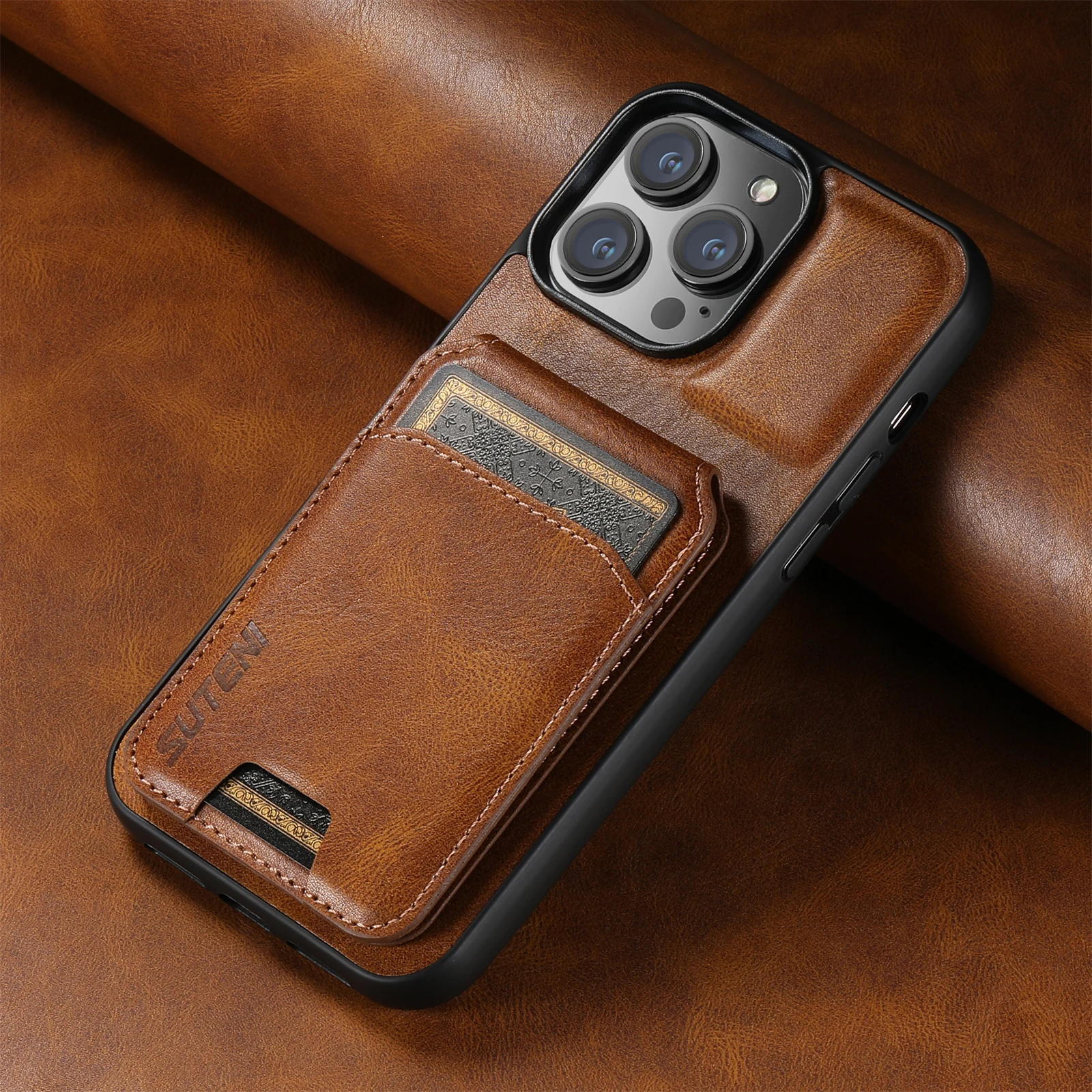SUTENI Luxe Lederen Kaarthouder Telefoon Case Portemonnee Kickstand Cover Voor iPhone 17 16 15 14 13 12 11 Pro Plus X Xs XR