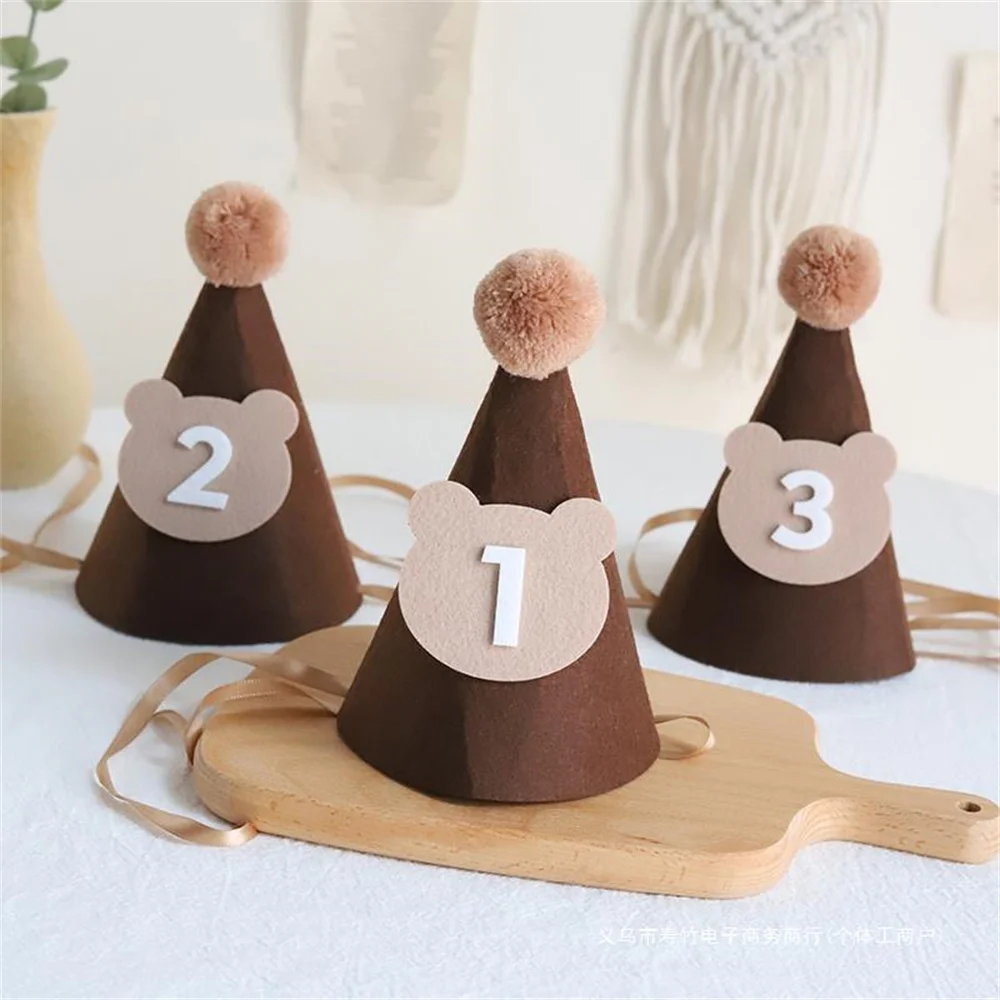 1Pcs Cute Bear Birthday Hat Brown Thick Non-Woven Bear Hat 1st 2nd 3rd Year Old Baby Cap The First One 2 3 Year Party Supplies