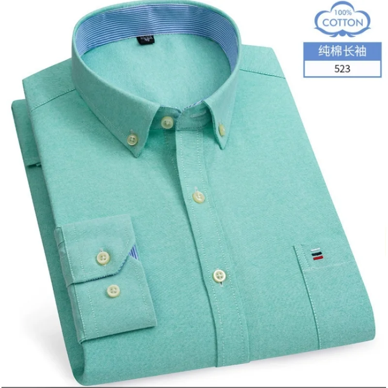 100% Long Staple Cotton Men's Shirt Long Sleeve Plaid Oxford Casual Solid Color Print Regular Fit Formal Dress Shirt Oversized