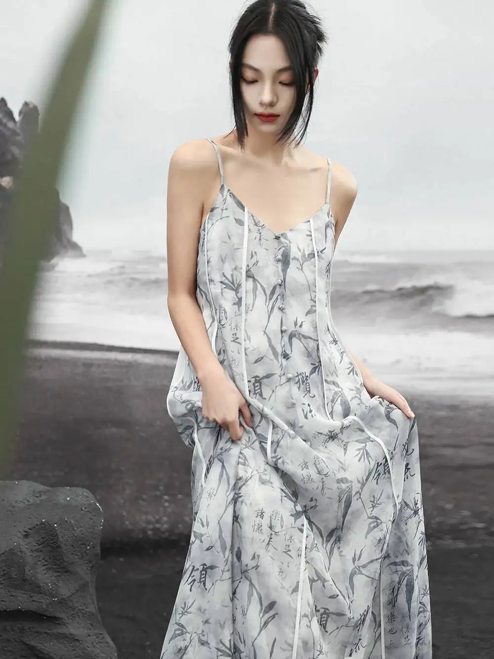 UMI MAO Chinese Style Printed Camisole Dresses Women Summer Cool Refreshing Bamboo Leaf Chiffon Dress Elegant Femme Y2K