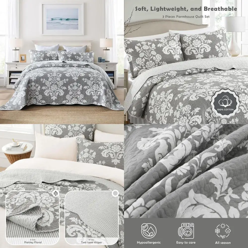 

King Size Cotton Quilt Set - Soft Lightweight Reversible Bedspread with Farmhouse Damask and Paisley Patterns