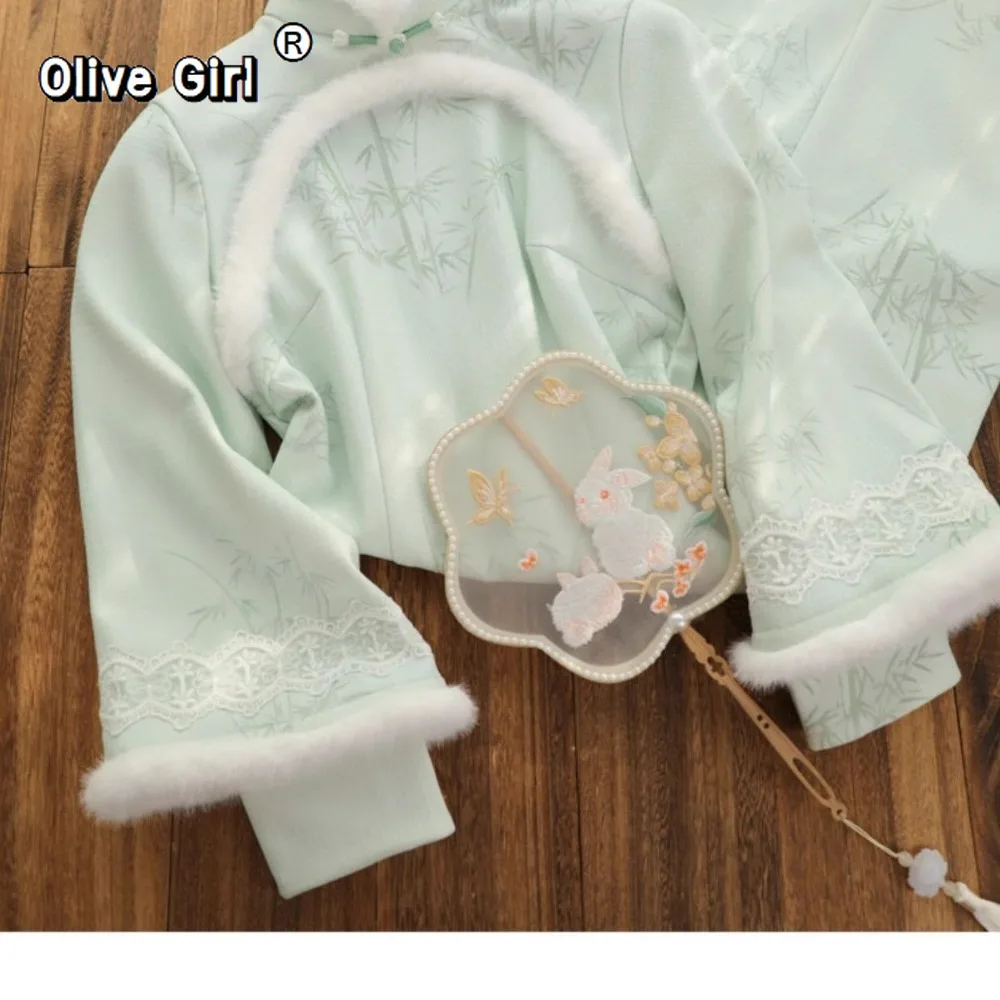 فستان تشيباو الشتوي Cheongsams سميك أخضر قطيفة بياقة أنيقة عالية الجودة وأكمام مقلوبة الدفء الملابس الصينية التقليدية #6