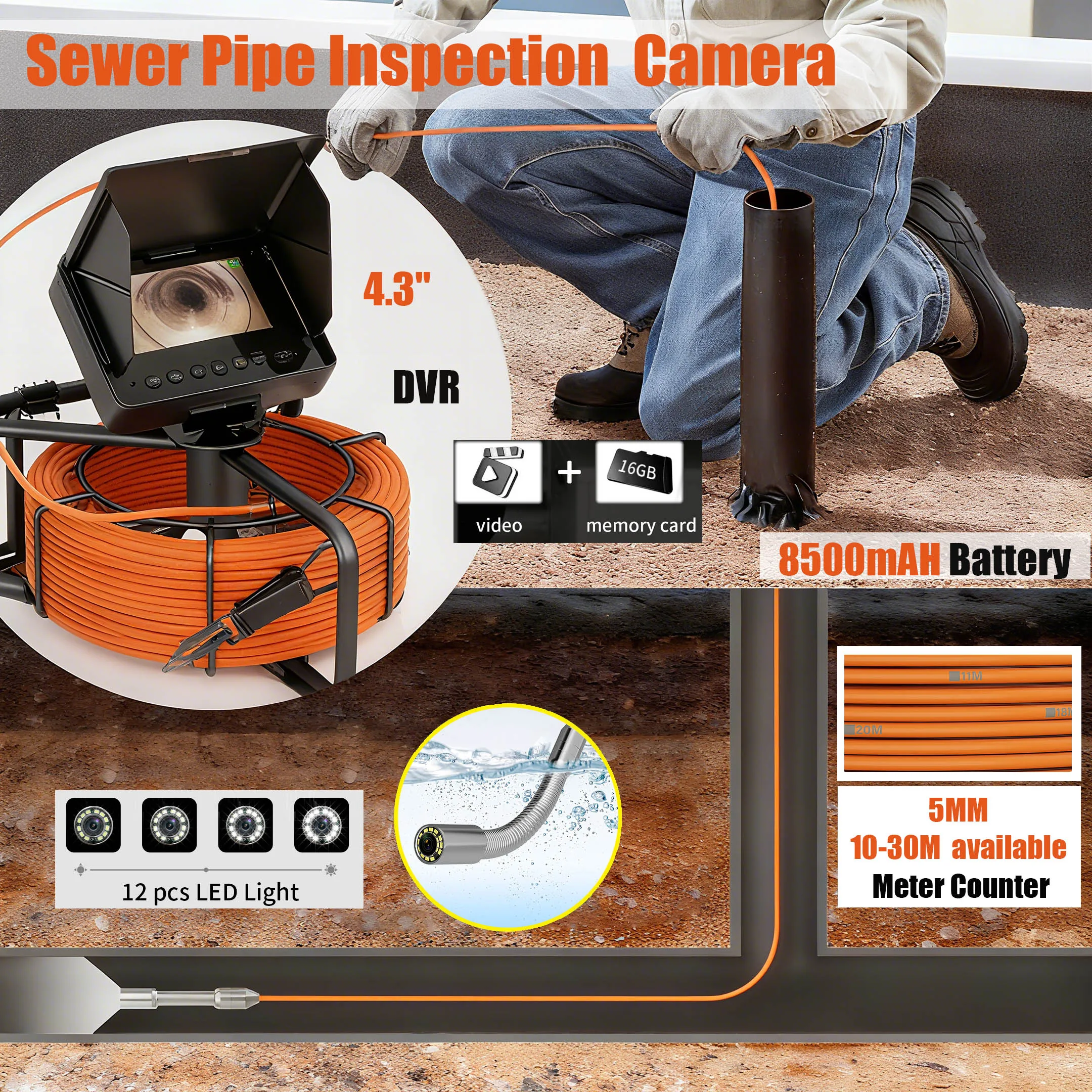 

4.3" Sewer Inspection Camera with 1080P HD IP68 DVR 16GB,Endoscope Camera with 8500mAh Battery for 10 Hours 10-30M 5MM Cable