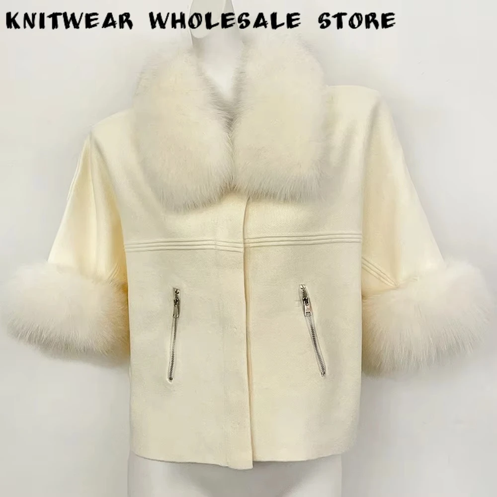 Women's Oversize Sweater Knitted with Fur Cardigan for Women Women's Elegant Fur Trim Sweater Cropped Jacket for Street Style