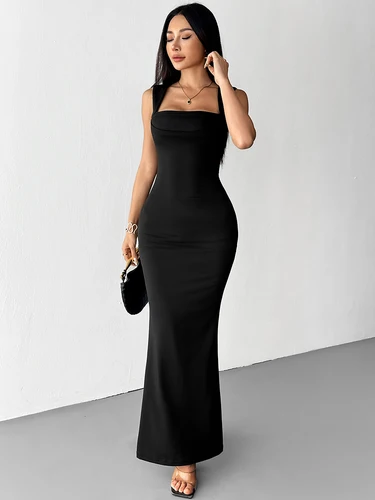 Imagen 2 del producto Vestidos largos negros sexis para mujer, novedad de verano, ropa de calle a la moda, vestido ajustado informal con mangas sin mangas, vestidos elegantes de punto para mujer, ropa