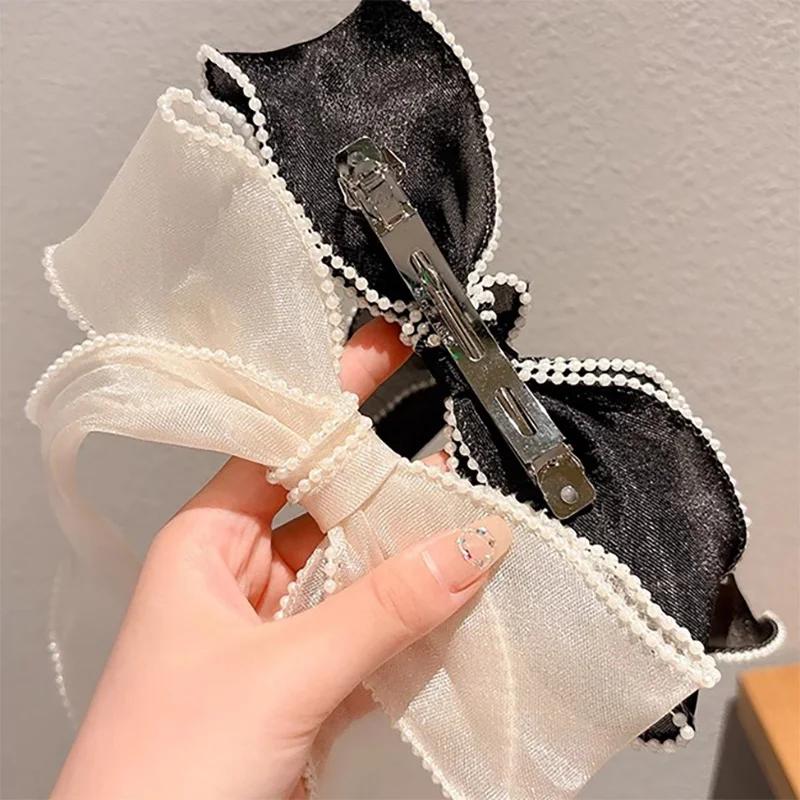 Women Beige Lace Beaded Decor Bow Hair Clip Girl Wedding Party Decor Fashion Barrette Teenager Photograph Wear Hair Accessory