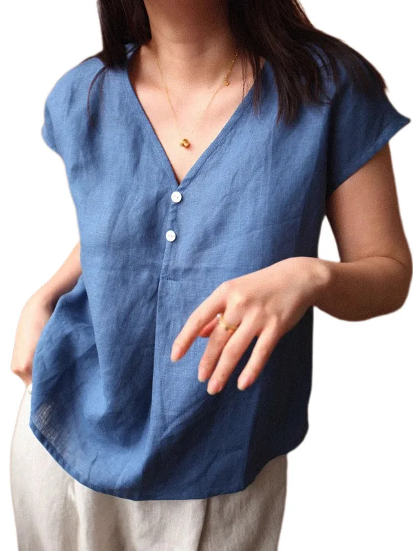 Casual Cotton Linen ort Sve irt Women's Summer Thin Loose Slimming V-Ne Cotton Linen Small Top Upper Body