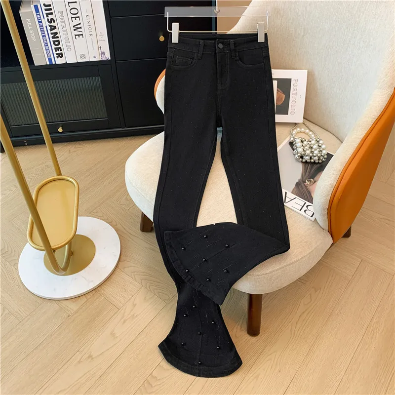 2024 autumn new peach hip washed jeans women slim high waist flared pants hot diamond beaded micro stretch trousers