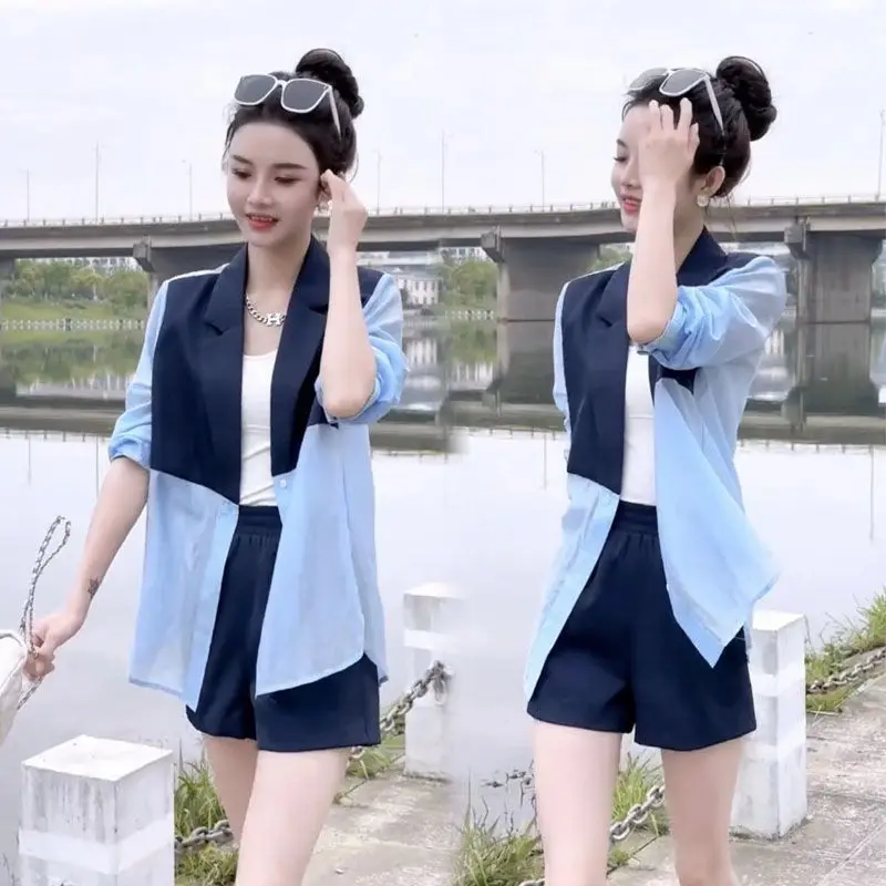 2023 Summer New Korean Fashion Set Women\'s Summer Sunscreen Suit Coat Temperament Slim Shorts Two Piece Set