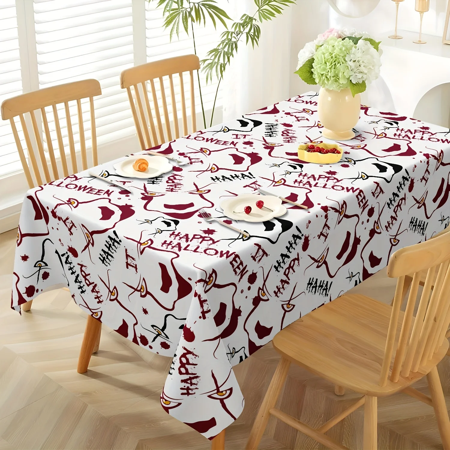 Single piece. Halloween tablecloth with terrifying faces. Blood-red and black clown faces are suitable for family rooms.zyc