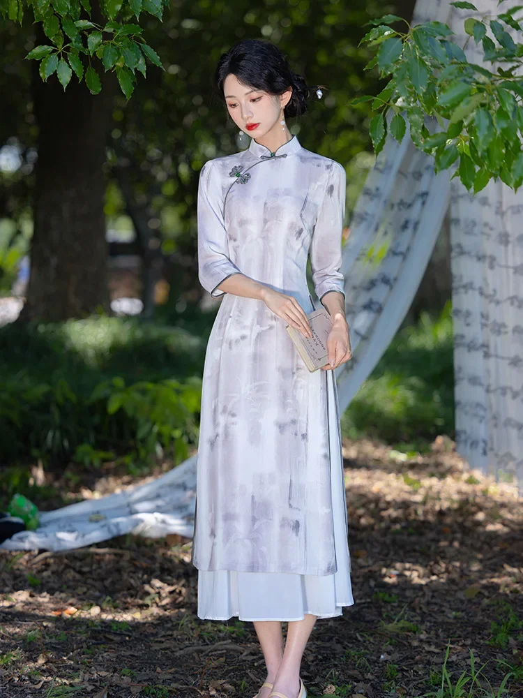 

Винтажное платье Aodai Qipao с воротником-стойкой, новое длинное женское элегантное платье Cheongsam 2023, осеннее платье в китайском стиле, сексуальные платья
