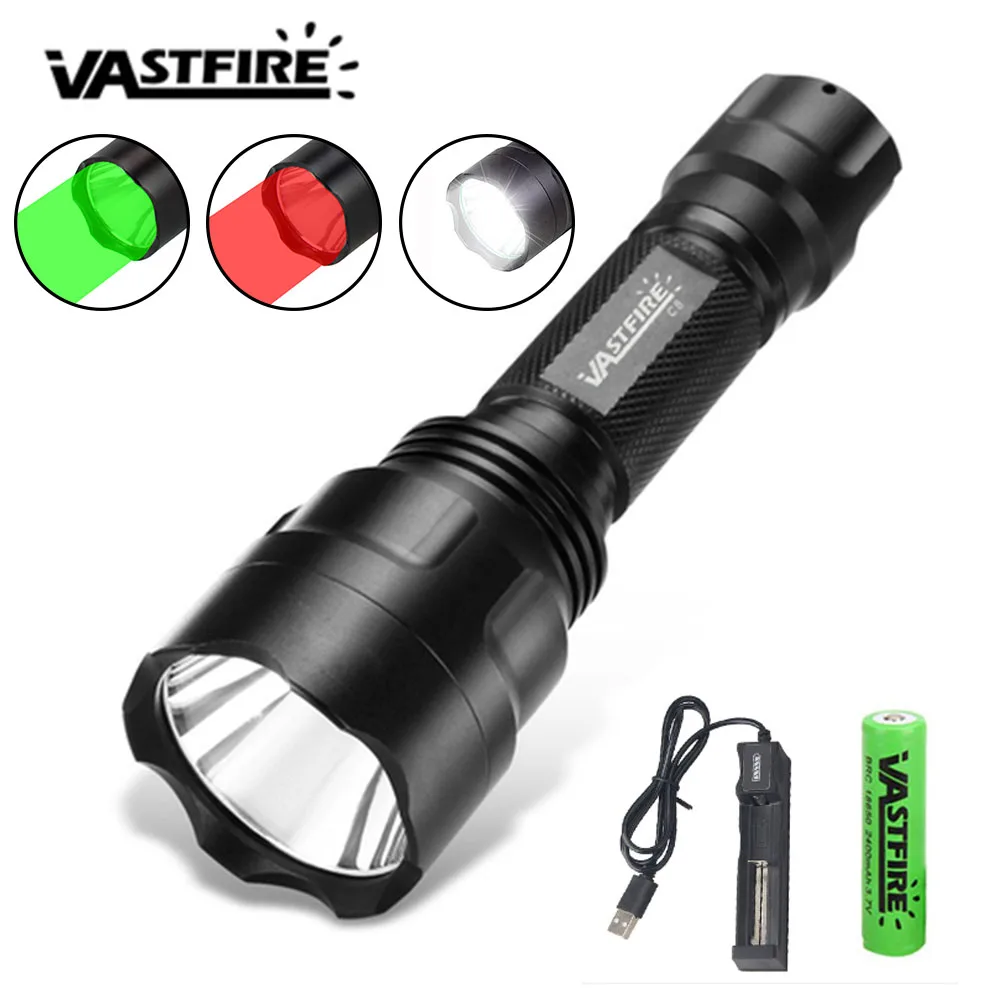 C8 LED Flashlight Outdoor Strong White/Green/Red Light Using 18650 Handheld Manual Torch For Tactical Hunting Waterproof Lantern