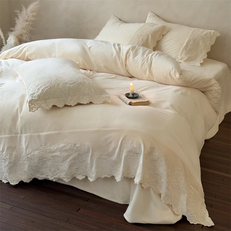 Rose Flowers Ruffles Princess Bedding Set Double-sided Velvet Warm Winter Duvet Cover Set Flat/Fitted Bed Sheet Pillowcases 4Pcs