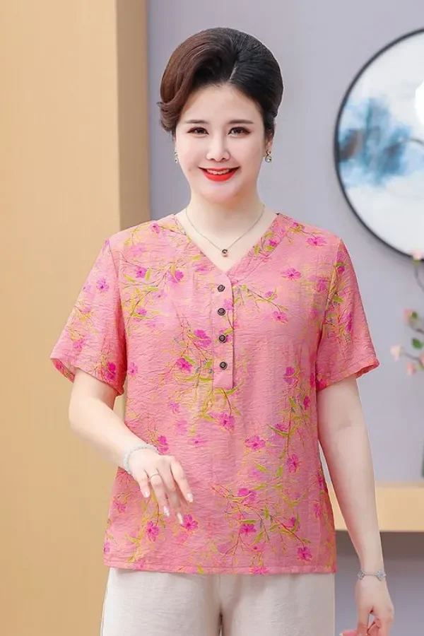 

Women's New Chinese Style Floral Print V-Neck Short Sleeve Blouse Plus Size Summer Top