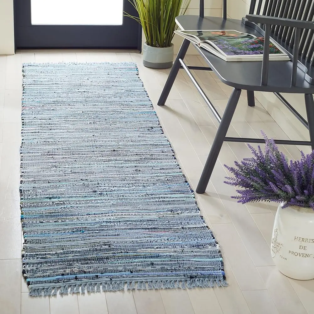 

Rag Rug Collection Runner Rug - 2'3"" X 6', Blue & Multi, Handmade Boho Stripe Cotton, I For High Traffic Areas In Living Room,