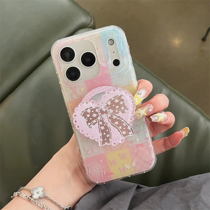 

Korean Ins Cute Bow Butterfly Magnetic Phone Case For iPhone 17 Pro 14 15 16 Pro Max Cover with Love Stand For Magsafe Cases