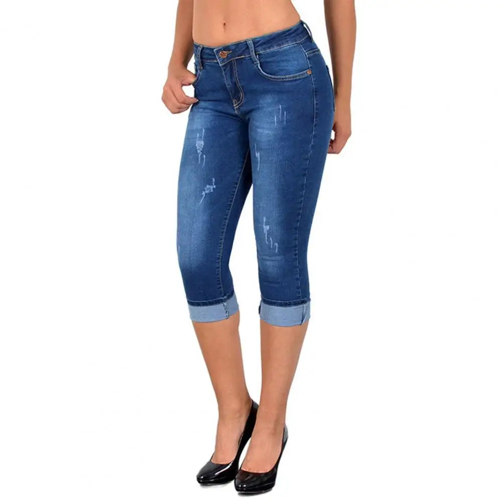 

2024 Women's Summer Skinny Denim Jeans Mid Waist Stretch Pants Knee Length Trousers Black Blue Ladies Pencil Pants