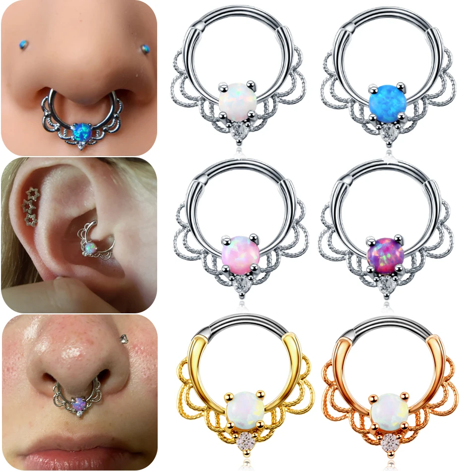 1PC Titanium Daith Helix Earrings Piercing Lacey Opal Septum Clicker Nose Rings Ear Cartilage Tragus Piercing Nariz Jewelry 16G