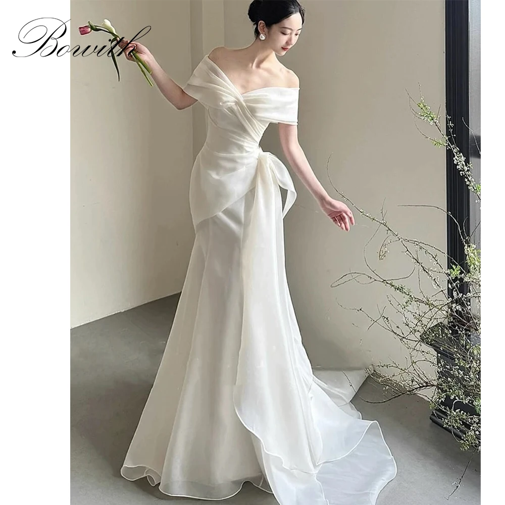 

Bowith Mermaid Wedding Dresses Korean Off the Shoulder Silk Organza Bridal Gown Customized Court Train Wedding Snap Dresses