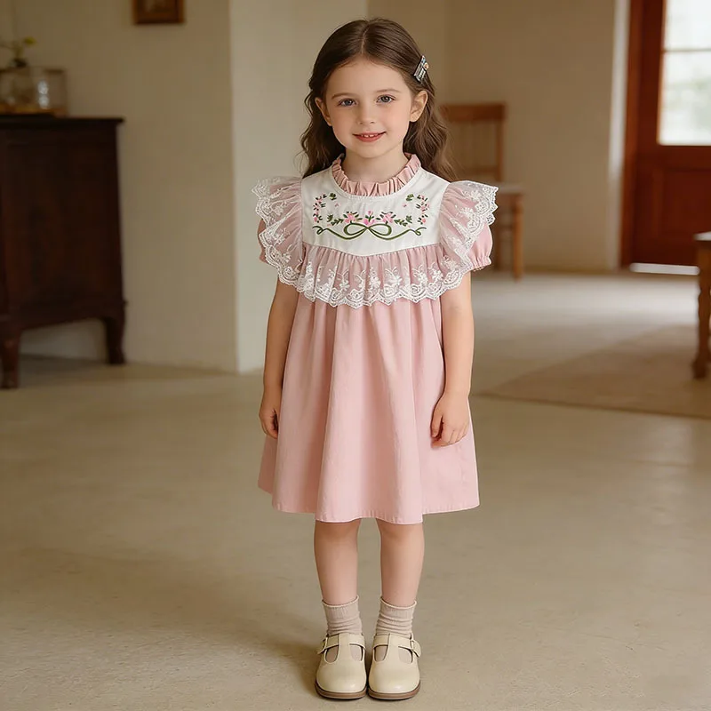 

Летнее платье в корейском стиле для девочек, кружевное платье с воротником-стойкой и цветочной вышивкой, милое платье принцессы для маленьких девочек, повседневная одежда для вечеринок