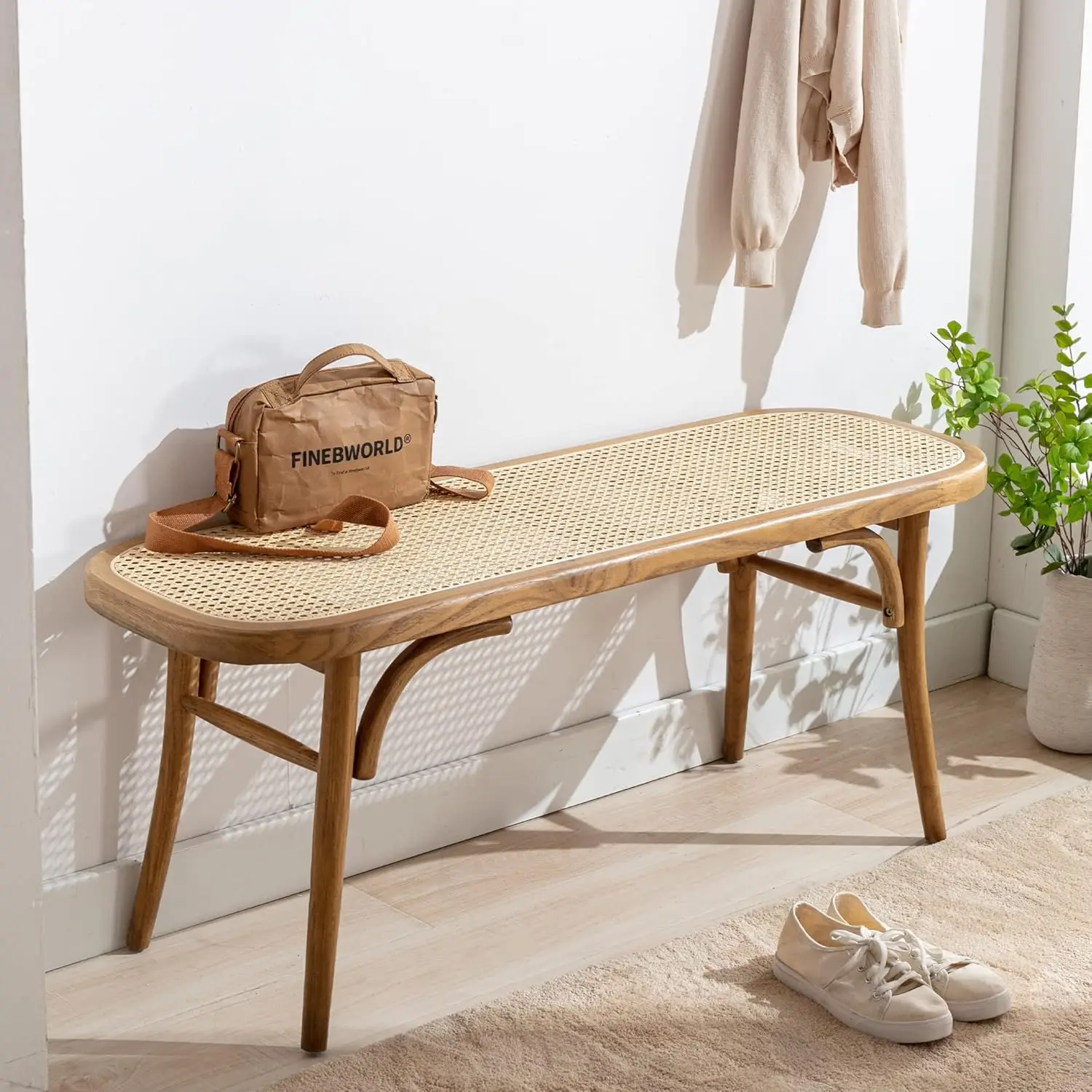 

Farmhouse Wood Bench Seat Small Rattan Cane Bench Wicker Bench for End of Bed Living Room Entryway Foyer Indoor,, Customized
