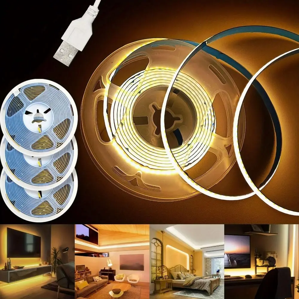 

High Density Flexible COB Led Strip Lights USB Powered White Tape Lights Warm White High Density Led Strip Home
