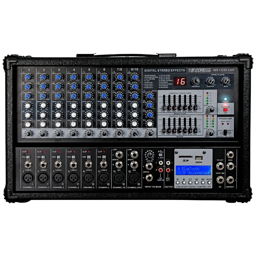 

5Core Audio Mixer 4800W Powered 12 Channel 240V Mixer System USB MP3 Bluetooth SD readers Digital LCD Display