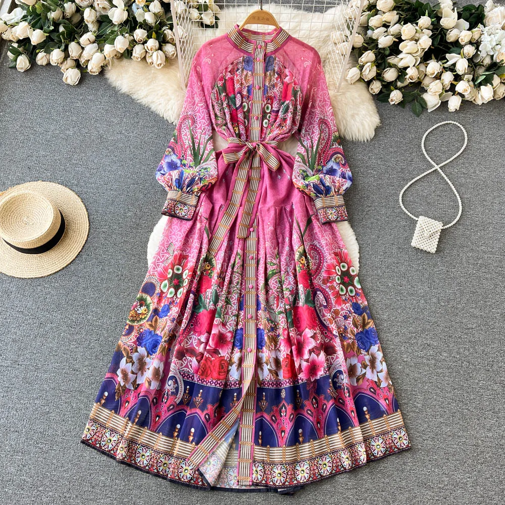 

Fashion Elegant Vintage Holiday Beach Women Summer Spring Stand Collar Lantern Sleeve Lace Up Bow Loose Print Casual Vestidos