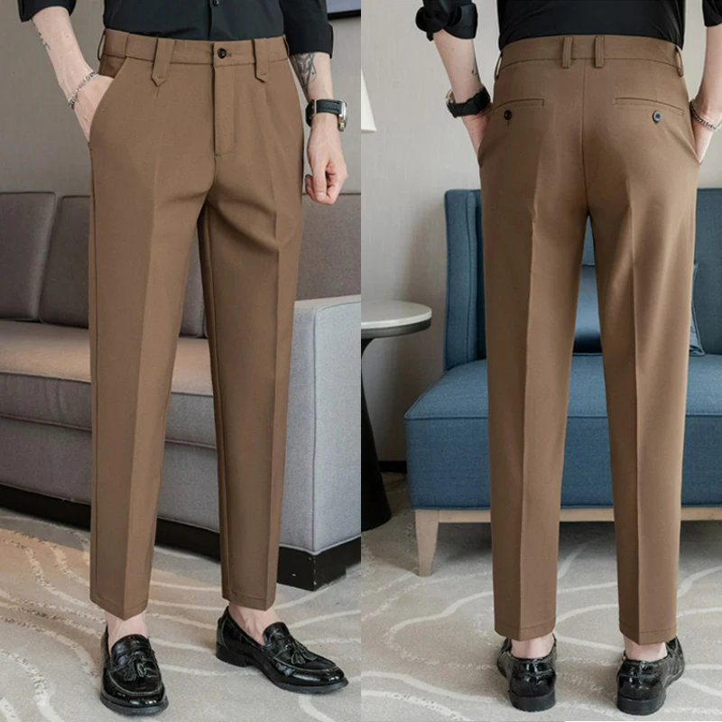 

Elastic Waist Plus Size Suit Pants, Men's Formal Dress Suit Stretchable Tappered Pants 29-40 Men's Trousers Bare Foot Length