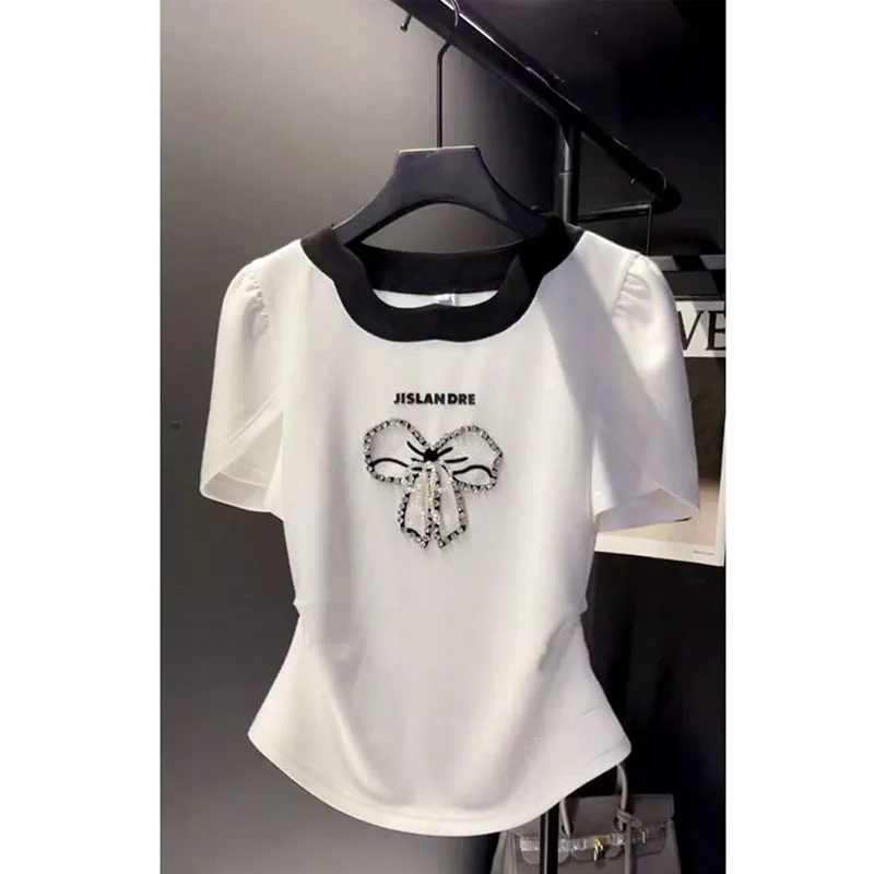 2024 Summer Korean Women Vintage Diamonds Unique Heavy Industry Bow Knot Short Sleeved T-shirt Slim All-match Sweet Short Tops