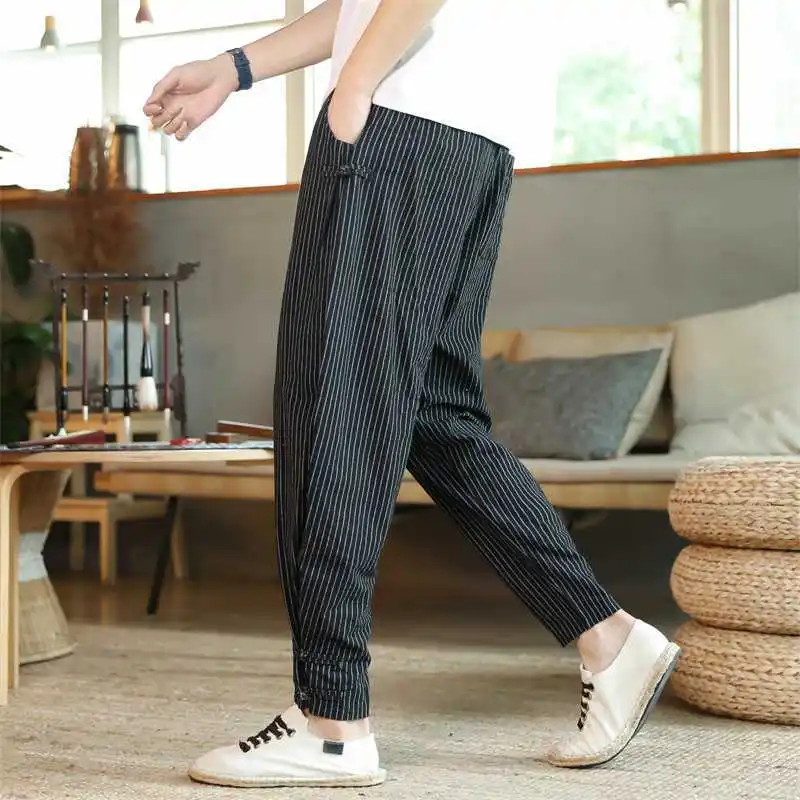 Men Clothing 2022 New Arrival Men\'s Elastic Waist Cotton Linen Trousers Men Stripe Harem Pant Ankle Length Pants