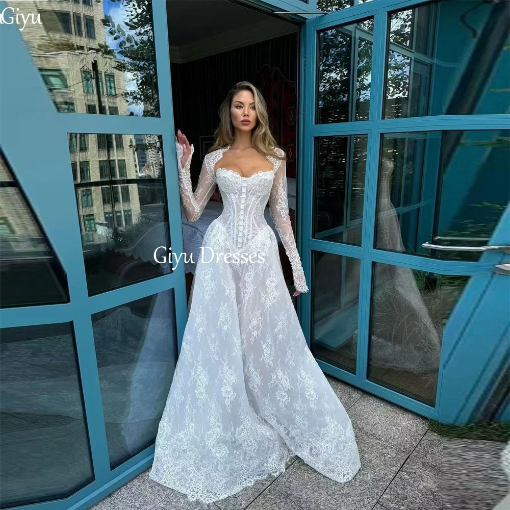 Giyu elegante renda manga longa vestidos de casamento europeu e americano feminino applique varredura trem formal vestidos de noiva personalizados ﻿