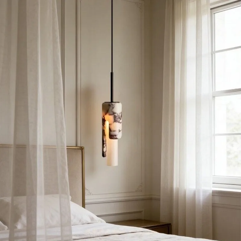 New Wabi-Sabi Natural Marble Pendant Light - Single-Head Artistic for Bedroom Bedside & Dining Room Vintage Chandelier Lamps