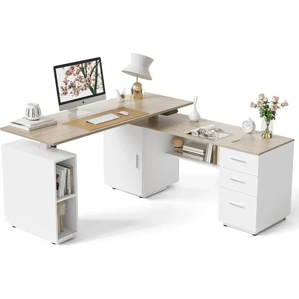 63 Executive L-Shaped Standing Desk, Adjustable Height with Storage, Light Wood Grain Finish for Home or Office