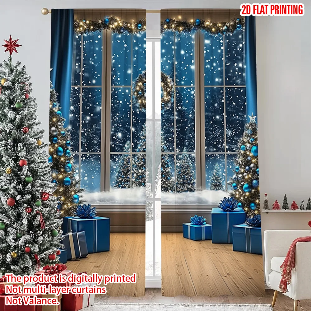 

2pcs 2D flat printing Merry Christmas Party Curtains winter wonderland 00 Durable 100% Polyester Fabric Without Electricity