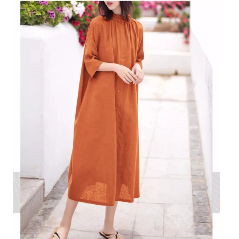 Ele coupe ample lin Dr minceur grande taille Vintage Sle t-shirt quart Sve Long Dr pour les femmes réduction de l'âge moyen