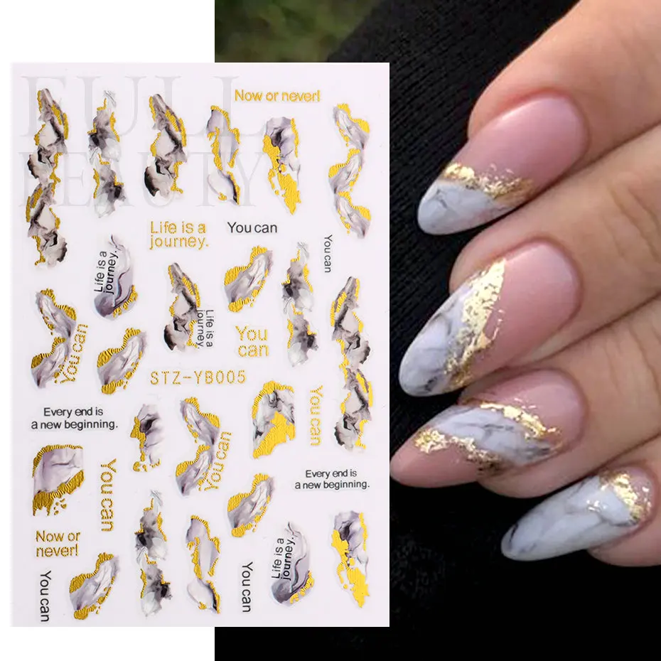 Marble Smoky Nails Stickers Peacock Green Gold Lines Sliders on Nail Charms Blooming Ink Painting Decal Adornment Manicure YB004