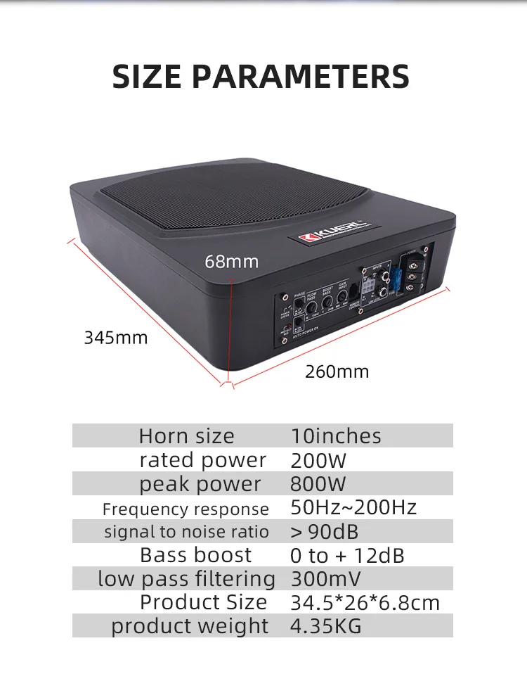 KUERL New Arrival 12V Mini 4ohm Active Car Audio Slim Woofer 10 Inch 800W Under Seat Subwoofer
