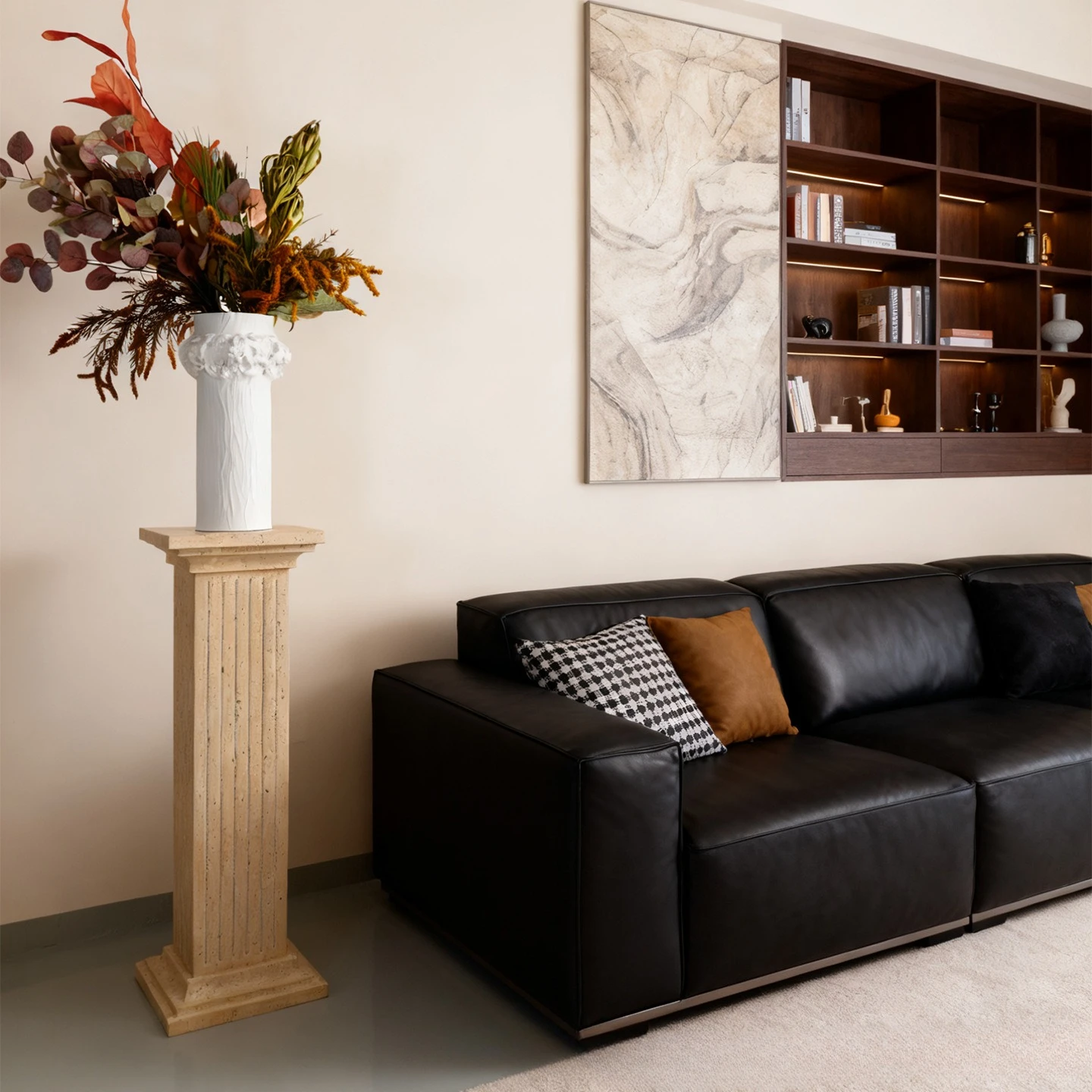 Natural yellow travertine European retro Roman column table, living room sculpture decoration floor sculpture table base