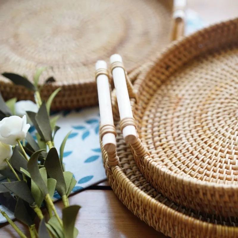 22/24/28CM Rattan Bread Storage Woven Snacks Fruit Round Living Room Table Finishing Tray Picnic Binaural Tray Food Tray